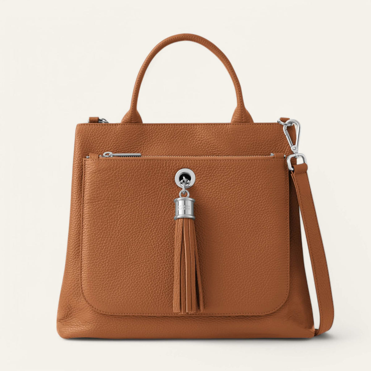 Tan Sarah Haran Dahlia Tote with Silver hardware front