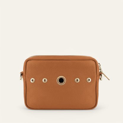 Tan Sarah Haran Millie Crossbody with Gold hardware back no strap