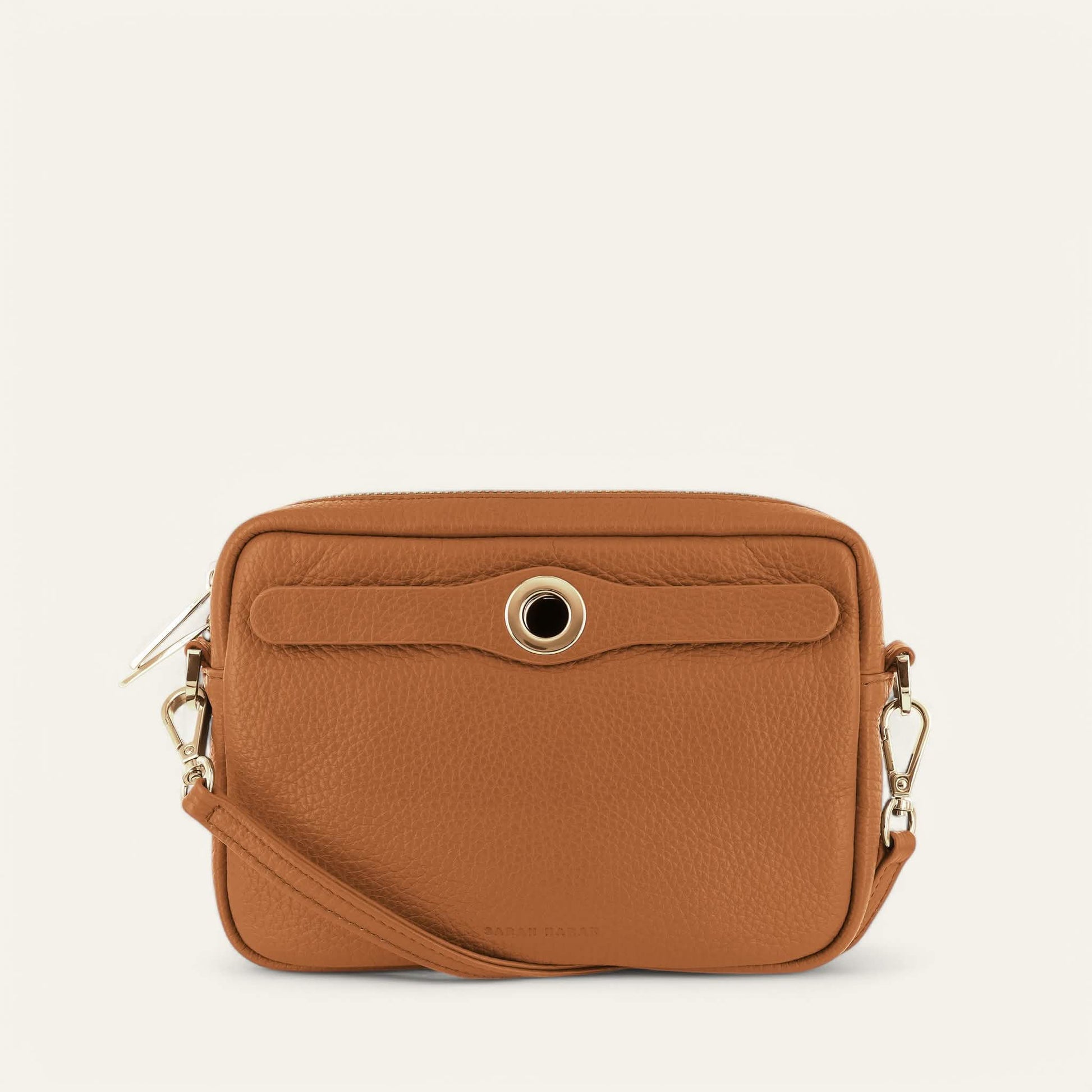 Tan Sarah Haran Millie Crossbody with Gold hardware front