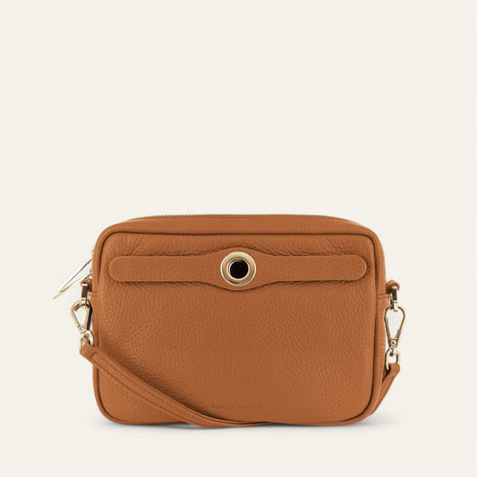 Tan Sarah Haran Millie Crossbody with Gold hardware front