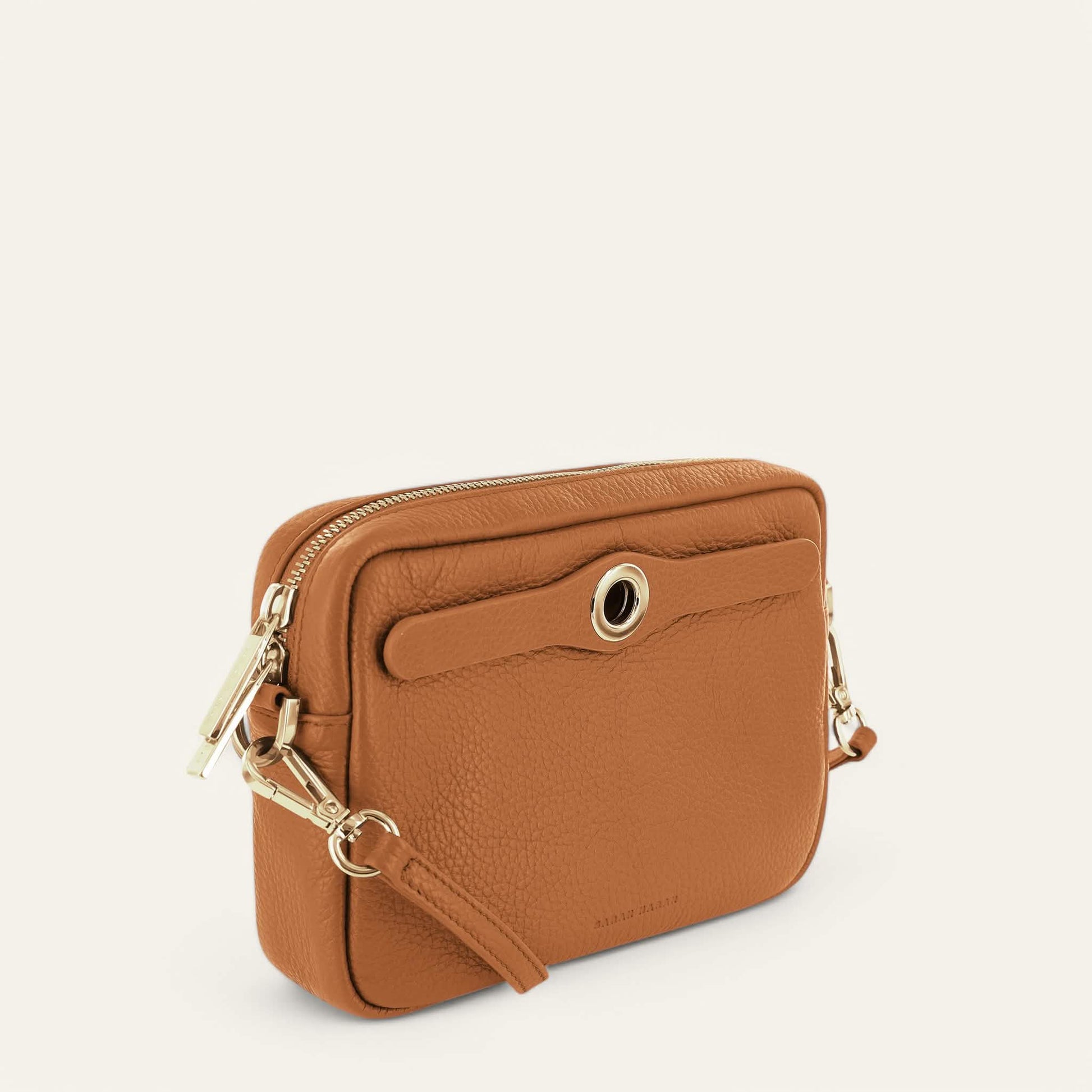 Tan Sarah Haran Millie Crossbody with Gold hardware side