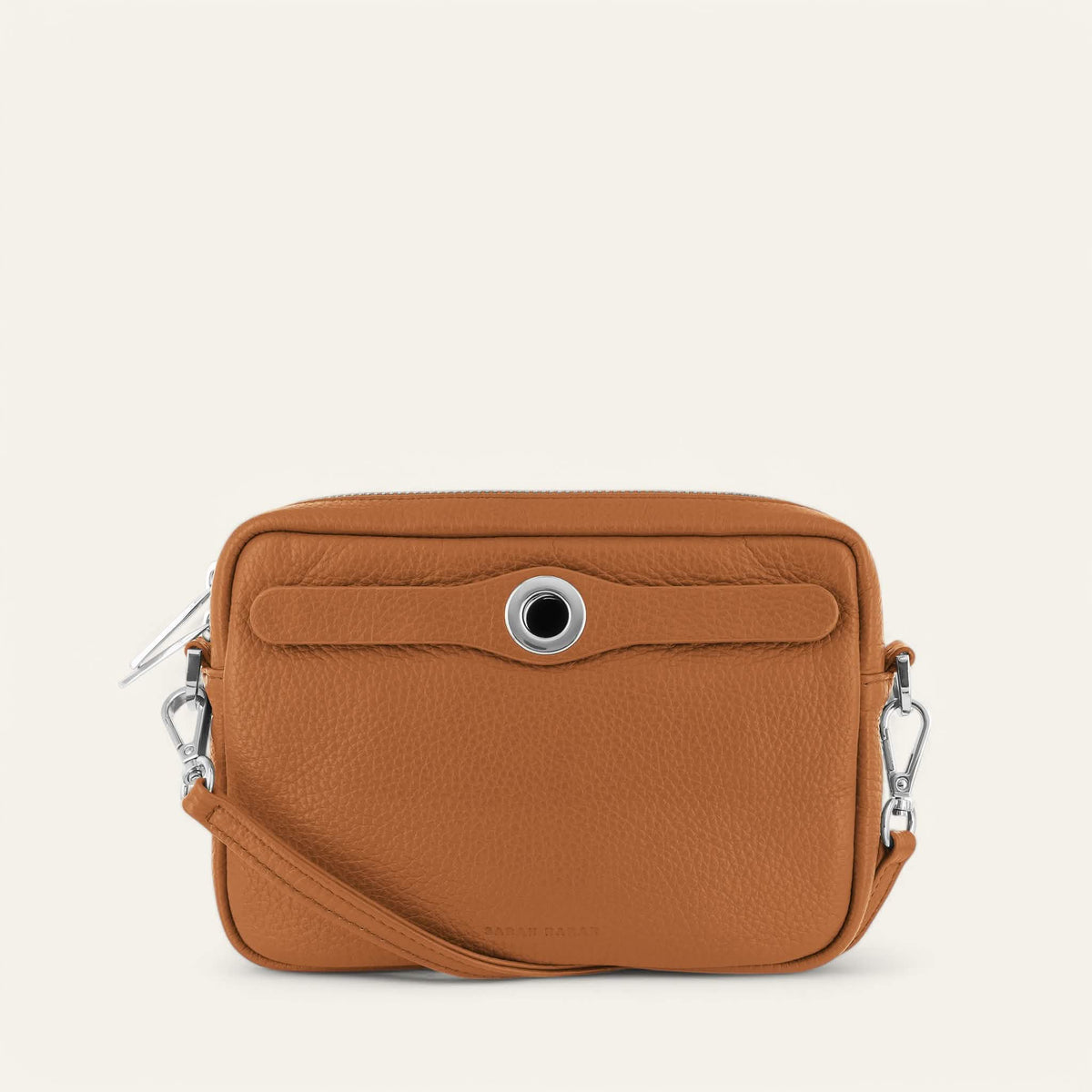 Tan Sarah Haran Millie Crossbody with Silver hardware front