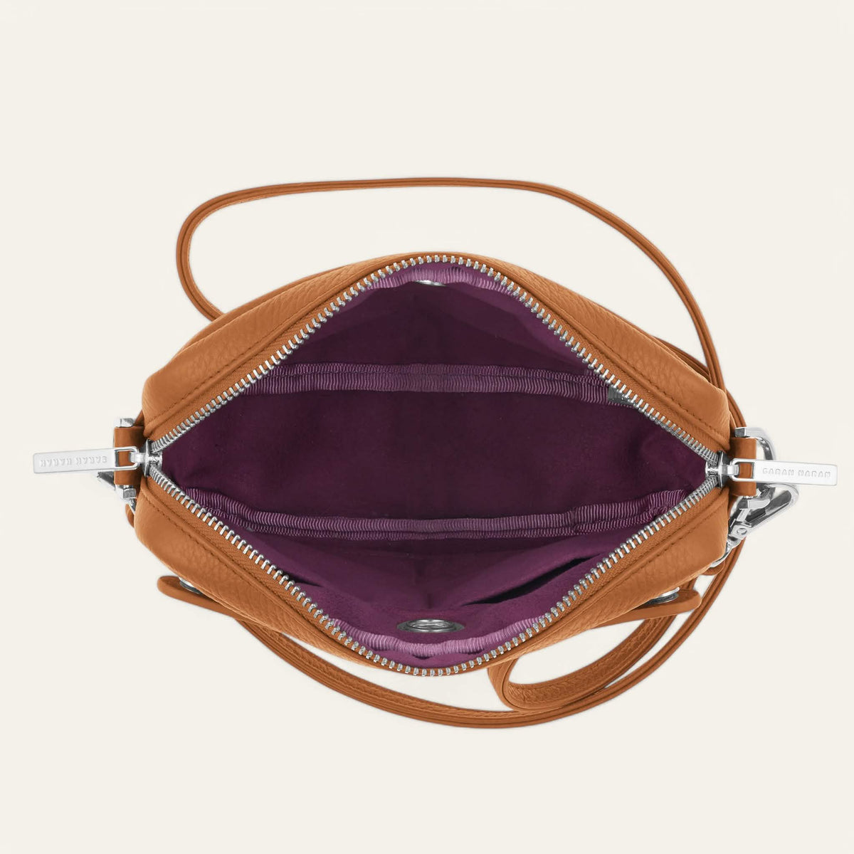 Tan Sarah Haran Millie Crossbody with Silver hardware overhead