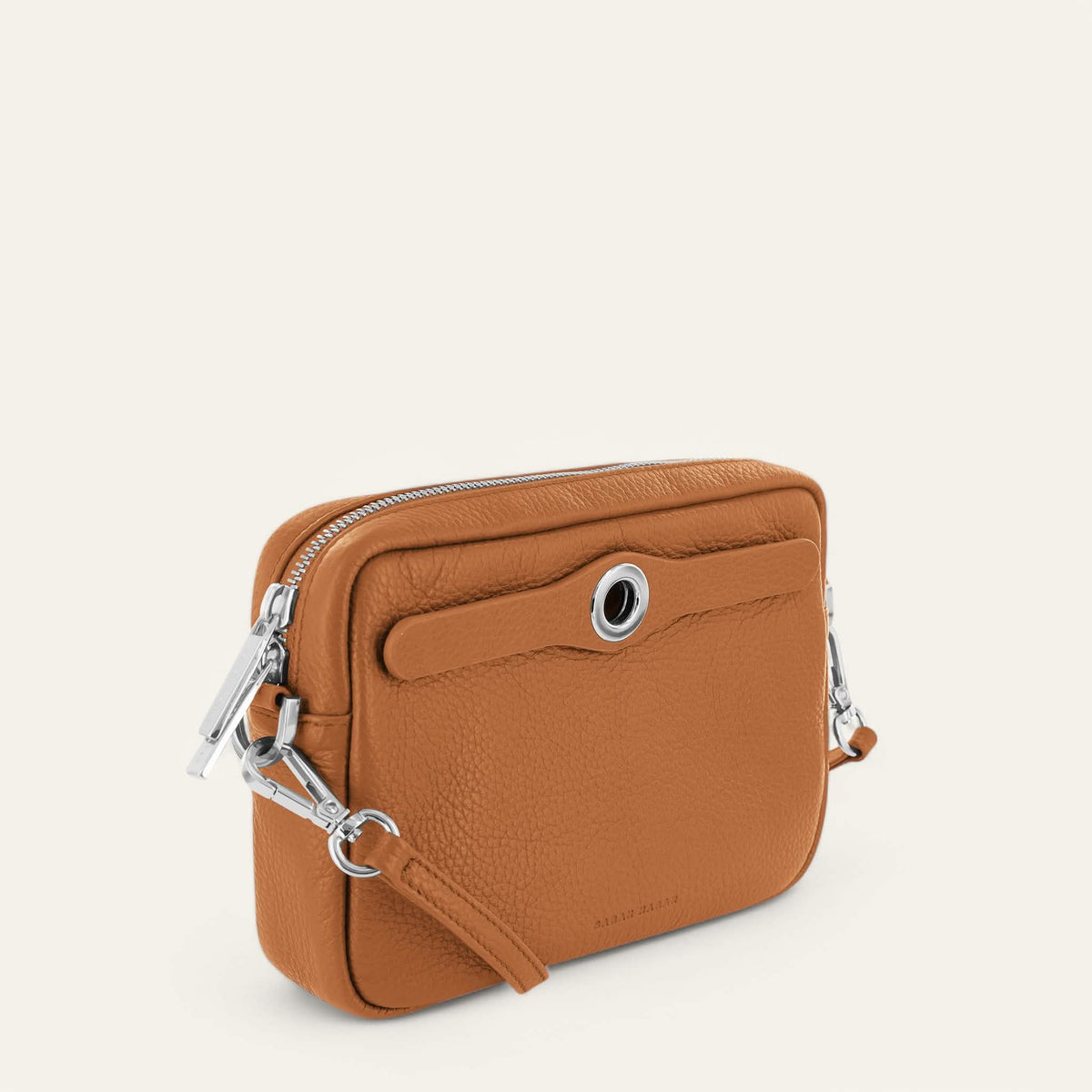 Tan Sarah Haran Millie Crossbody with Silver hardware side