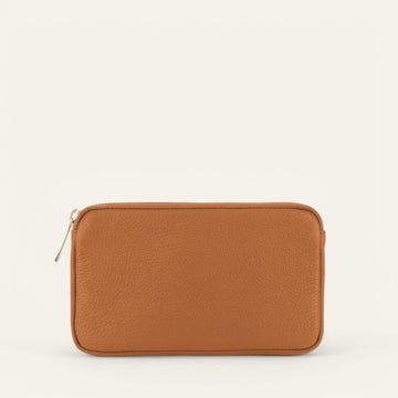 Tan Sarah Haran Millie Pouch with Gold hardware front
