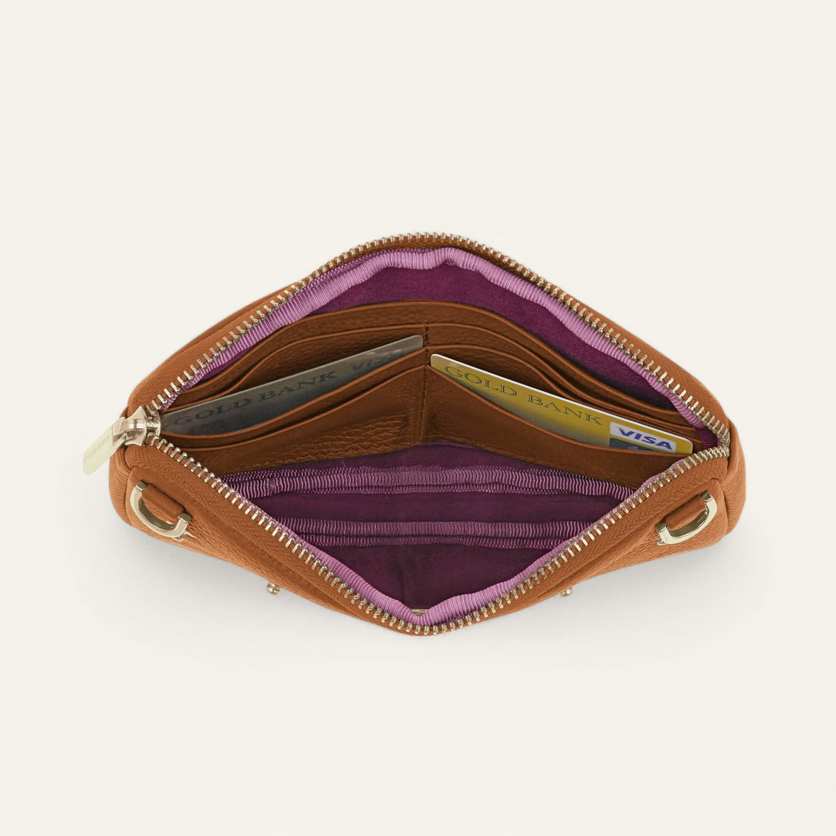 Tan Sarah Haran Millie Pouch with Gold hardware overhead