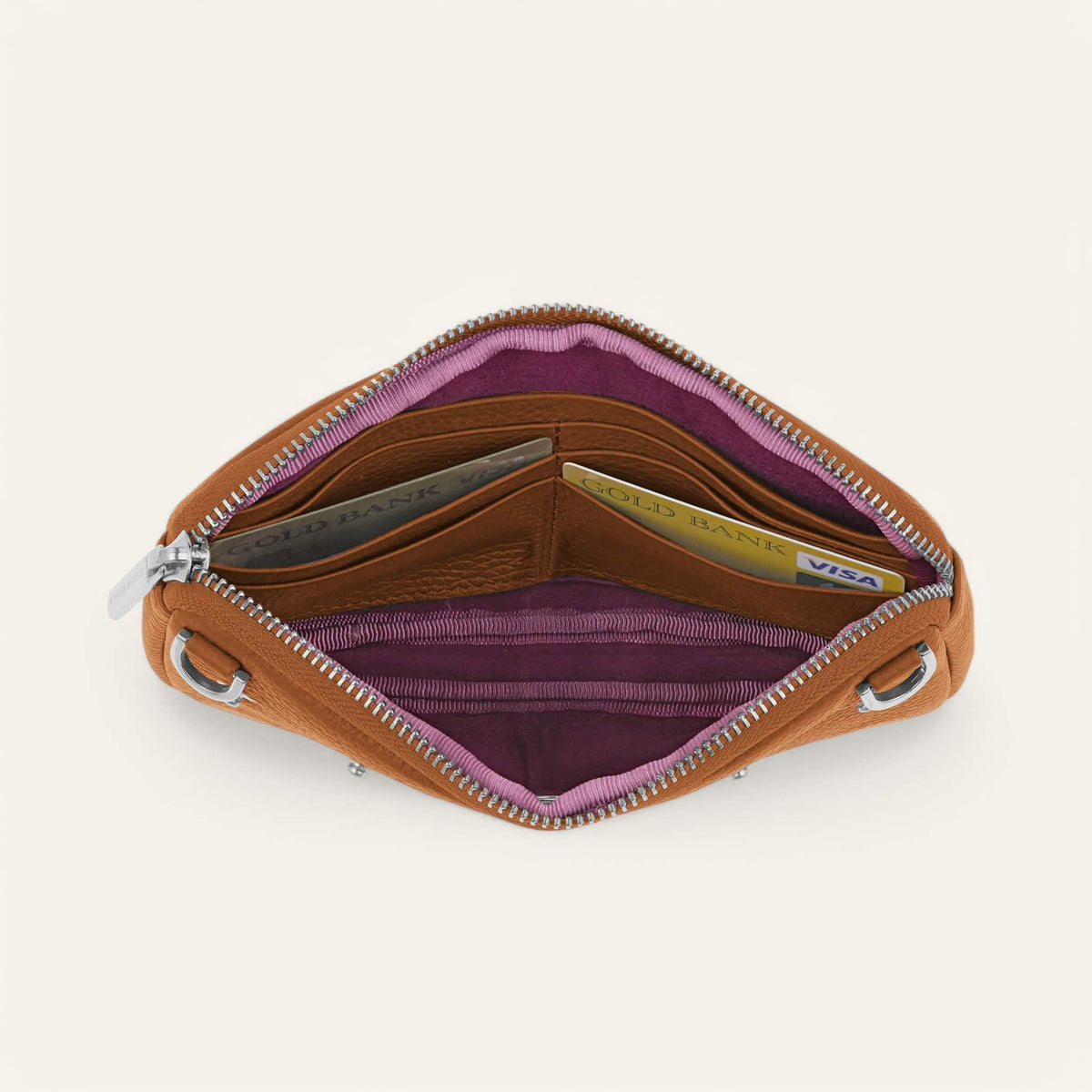 Tan Sarah Haran Millie Pouch with Silver hardware overhead