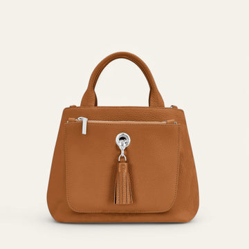 Tan Sarah Haran Mini D Tote with Silver hardware front