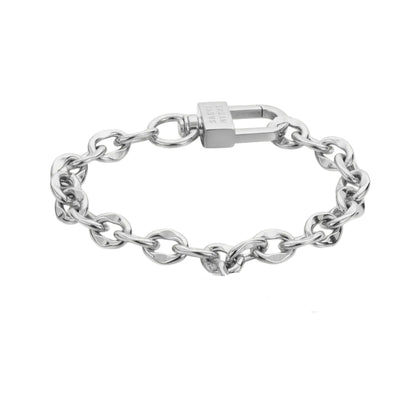 Silver chain bracelet with a lock on a white background